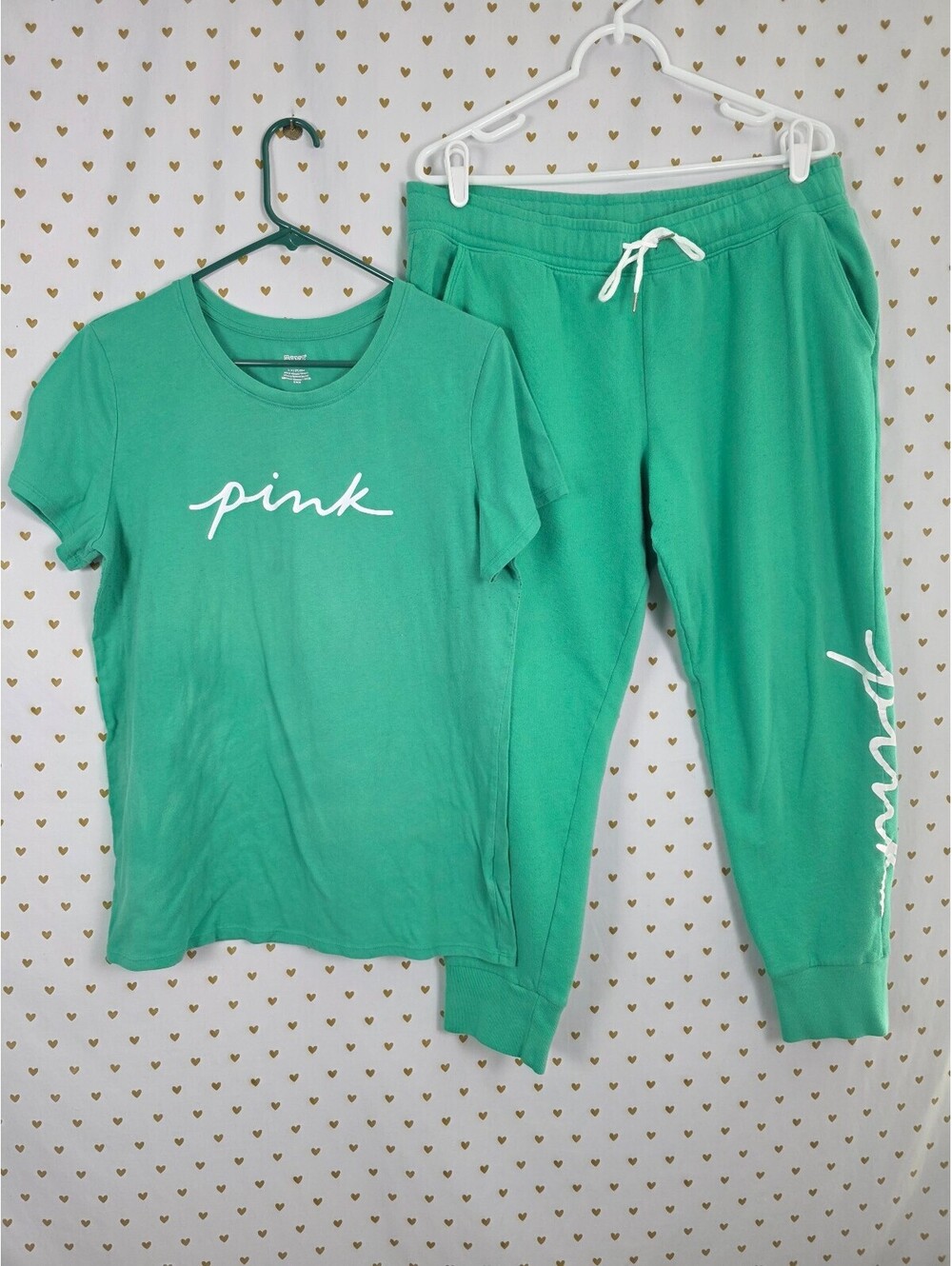 Victorias Secret PINK Green Logo Outfit Set Large XL Sweatpants Tee shirt